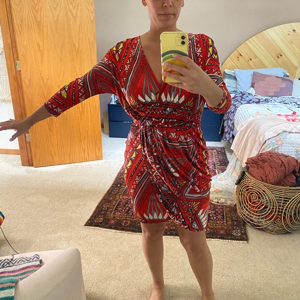 Mara Hoffman printed silk jersey pleated mock wrap dress. Size L. Like new.